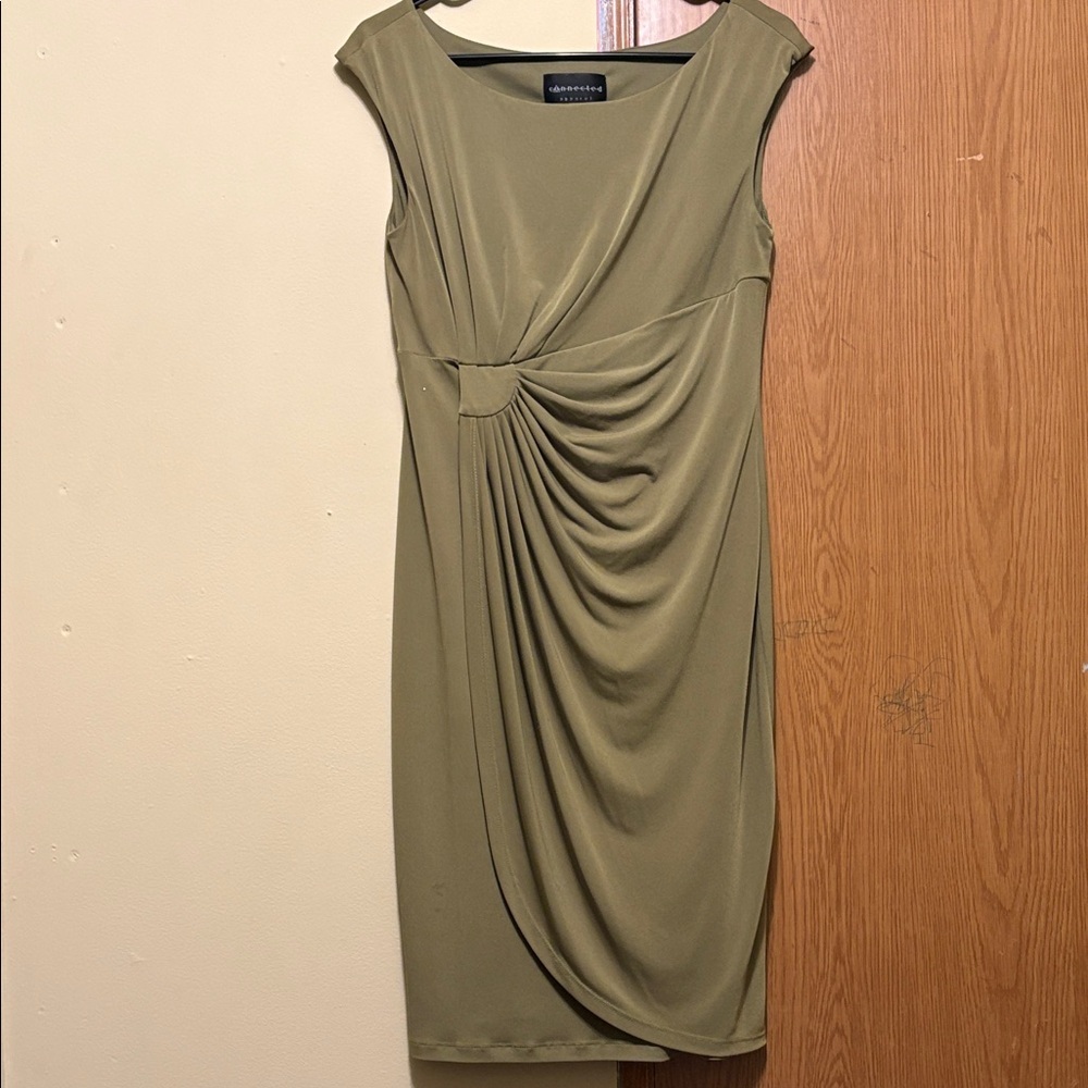 Connected Apparel Olive Green Drape Front Midi Dress Size 10